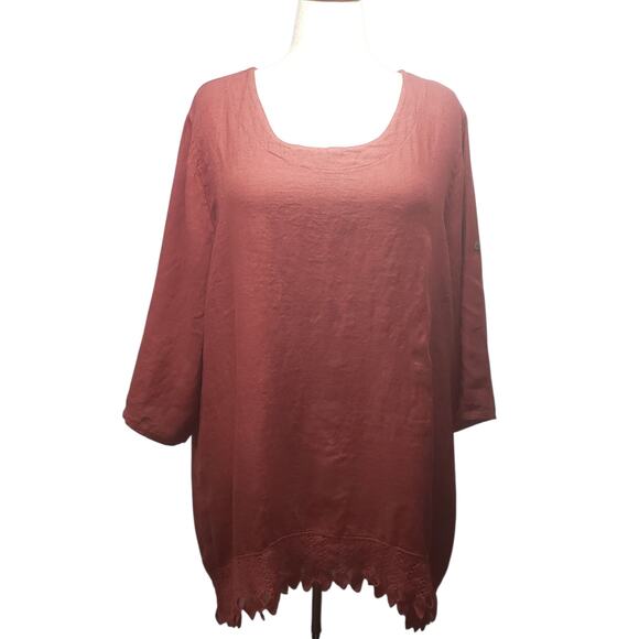Lungo L’Arno Vintage Italian Linen Tunic 3X – Terracotta Boho Crochet Hem Top - Picture 1 of 9